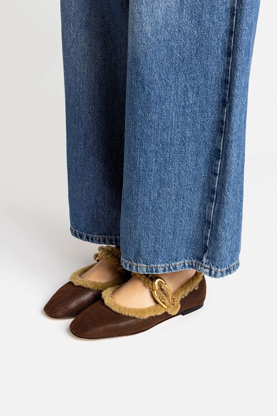 Larroude Verona Ballet Flats Brown Shearling Mary Jane Buckle Square Toe 8